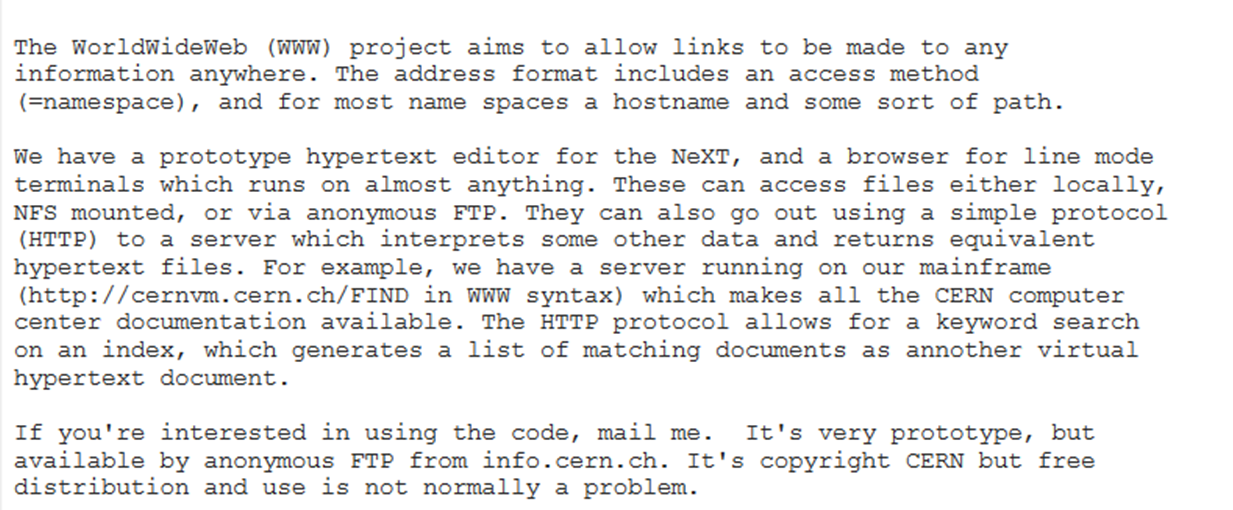 Auszug aus der E-Mail von Tim Berners-Lee über das World Wide Web Projekt vom 06.August 1991
